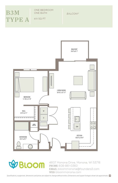 Floor plan for 1 bed, 1 bath, 855 sqft